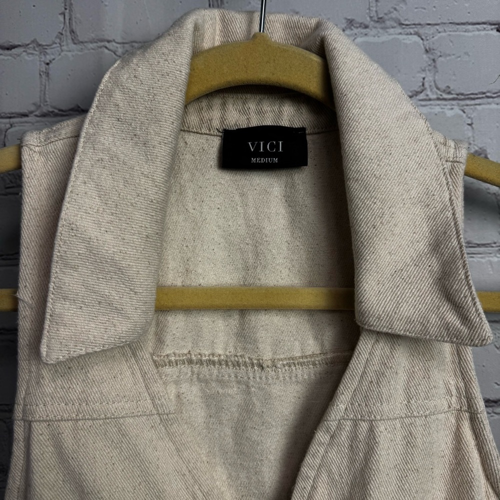 Vici neutral beige safari zip up sleeveless mini dress medium bodycon retro chic - Picture 5 of 7